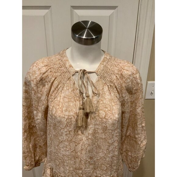 Magaschoni Tan & White Floral V-Neck Linen Midi Shift Dress, Size M - Picture 2 of 6